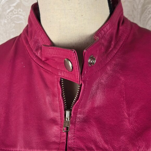 Vintage Wilson's Leather Sz Medium Bright Pink Leather Jacket Zip Front Pintuck - Picture 2 of 14